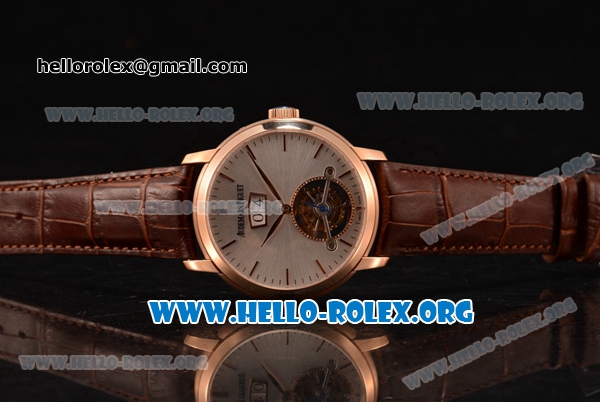 Audemars Piguet Jules Audemars Tourbillon Grande Date Swiss Tourbillon Manual Winding Rose Gold Case with White Dial and Brown Leather Strap (TF) - Click Image to Close